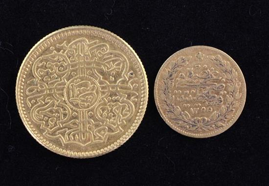 An Indian Hyderabad gold Ashrafi, c.1918 and an Ottoman 50 piastres gold coin,